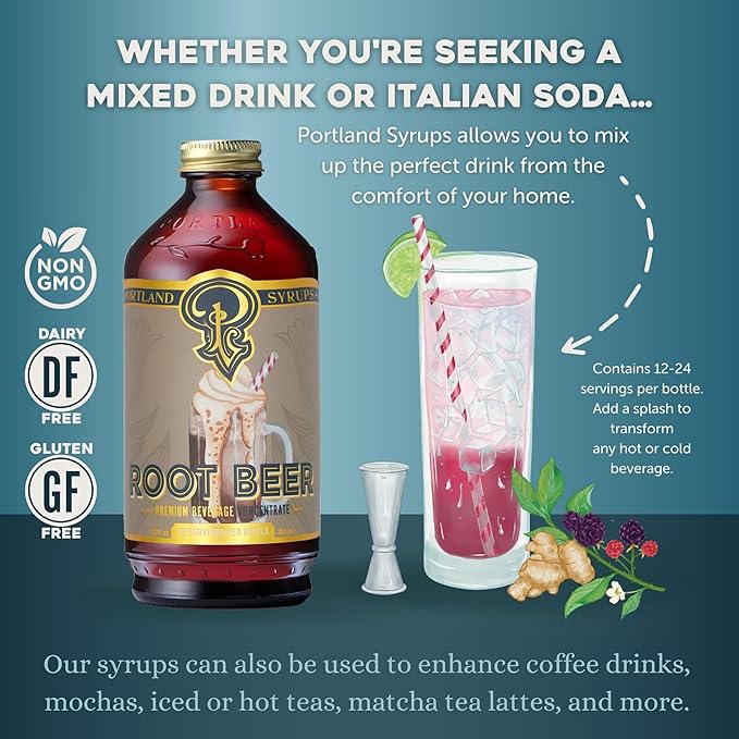 Portland Syrups Genuine Root Beer Syrup - Premium Beverage Concentrate for Authentic Cocktails, Soda, Ice Cream, Coffee Drinks, and More - 12 oz with 24 Servings (Pack of 2)