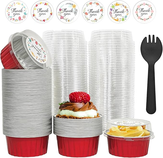 100 Pcs Aluminum Foil Baking Cups with Lids,5oz cupcake liners with lids,Disposable Ramekins Mini Cake Containers Tin Mini Muffin Liners for Wedding Christmas Party (Red)