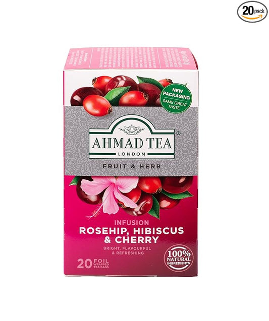 Ahmad Tea Herbal Tea, Rosehip, Hibiscus, & Cherry, 20 ct (Pack of 1) - Decaffeinated & Sugar-Free