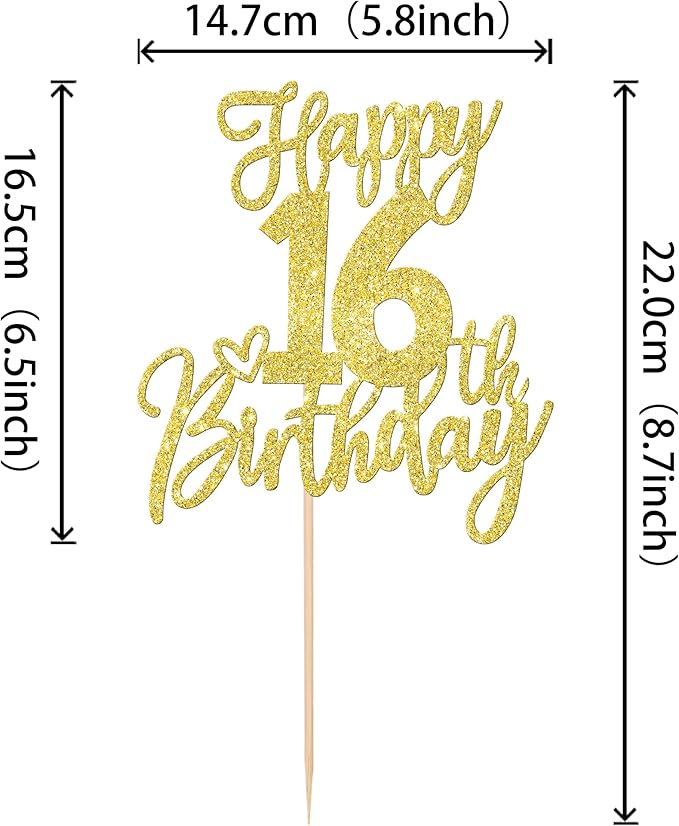 1 PCS Happy 16th Birthday Cake Topper Glitter Cheers to 16 Years Birthday Cake Pick Sixteen Sweet 16 Cake Decoration for Happy 16th Birthday Anniversary Theme Party Decorations Supplies Gold