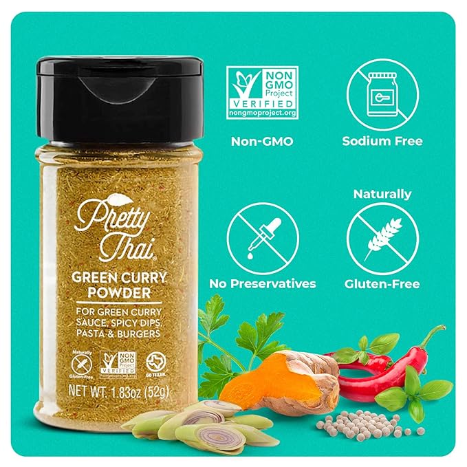 Pretty Thai Green Curry Powder, Authentic Gluten Free, Certified Non GMO, Sodium Free Seasoning for Curry Sauce, Pasta Sauce & Thai Food