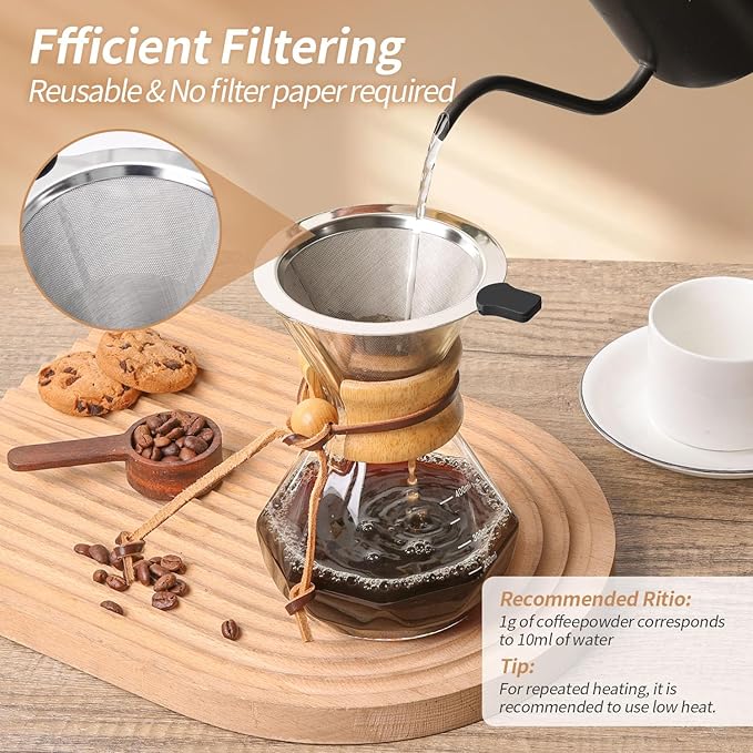 Pour Over Coffee Maker 14 OZ, 4 Cup Borosilicate Glass Drip Coffee Maker with Reusable Stainless Steel Filter and Cork Grip for Home Caf챕 400 ML (Diamond Shape)