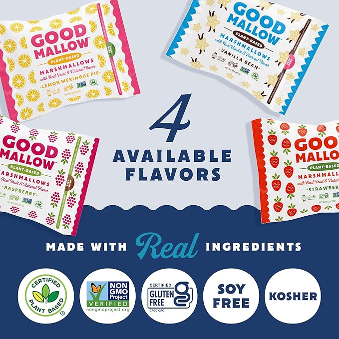 GoodMallow Vegan Marshmallows - Large Kosher Halal Gluten Free Dairy Free Healthy- Natural Gelatin Free Marshmallows for Hot Chocolate, Smores, Baking - Nothing Artificial (White Vanilla) (Pack of 2)