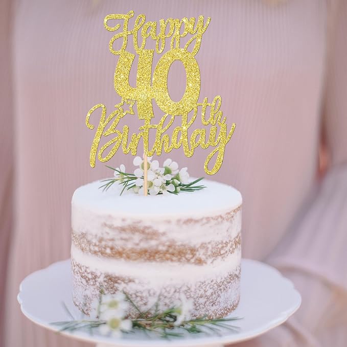 1 PCS Happy 40th Birthday Cake Topper Glitter Cheers to 40 Years Birthday Cake Pick Forty Hello 40 Fabulous Cake Decoration for Happy 40th Birthday Anniversary Party Decorations Supplies Gold