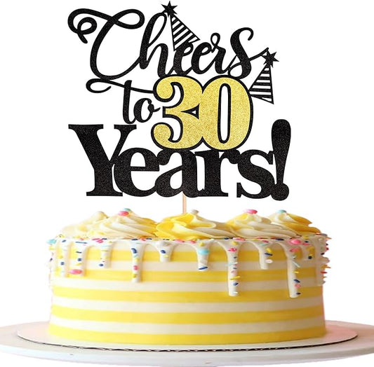 Rsstarxi 1 Pack Cheers to 30 Years Cake Topper Black Glitter Thirty Years Old 30th Birthday Cake Pick Decorations for 30th Birthday Wedding Anniversary Party Supplies