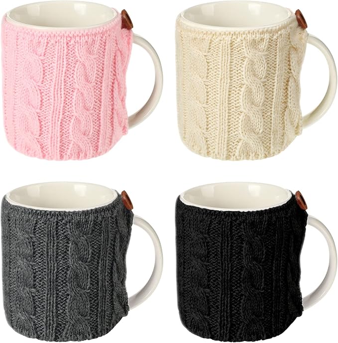 Skyley 4 Pcs Mug Cozy Set, Wool Yarn Reusable Knitted Coffee Sleeves for Hot Drinks, 18 x 9 cm, Fresh Color, Insulated, Hand Wash Only, 4 Units in Package