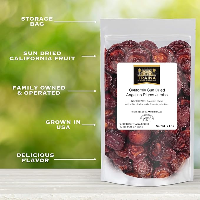 Traina Home Grown Jumbo California Sun Dried Angelino Plum Halves - Healthy, No Sugar Added, Chewy, Tangy, Deep Violet Color, Non GMO, Gluten Free, Kosher Certified, Vegan, Packed in Resealable Pouch (2 lbs)