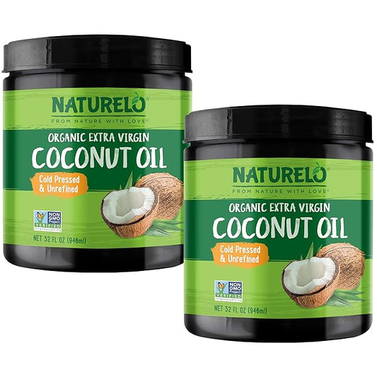 NATURELO Coconut Oil - Multi-Purpose Extra Virgin Coconut Oil for Skin, Organic Oil for Cooking, Unrefined Oil for Hair 32 oz (Pack of 2)
