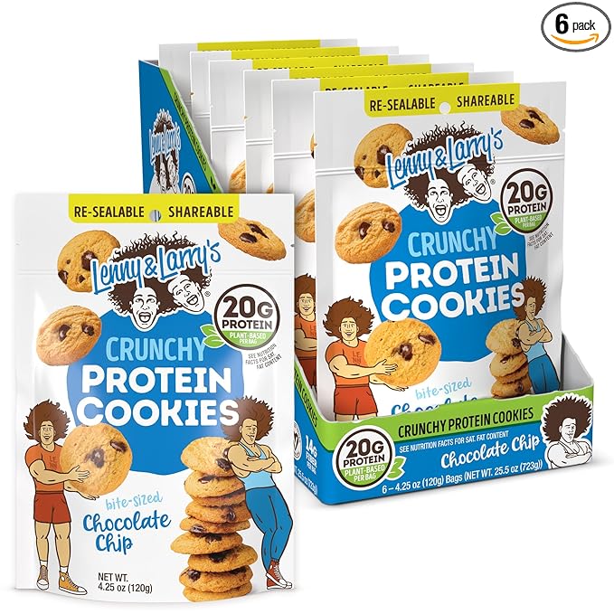 Lenny & Larry's The Complete Crunchy Cookie, Chocolate Chip, 6g Plant Protein, Vegan, Non-GMO, 4.25 Ounce Pouch (Pack of 6)