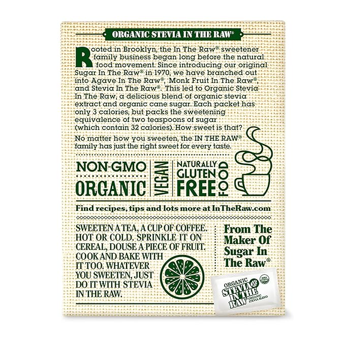 Organic Stevia In The Raw, Plant Based Zero Calorie Natural Sweetener, Sugar Substitute, Sweetener for Coffee, Hot & Cold Drinks, Non-GMO, Vegan, Gluten-Free, 40 Count Packets (Pack of 5)