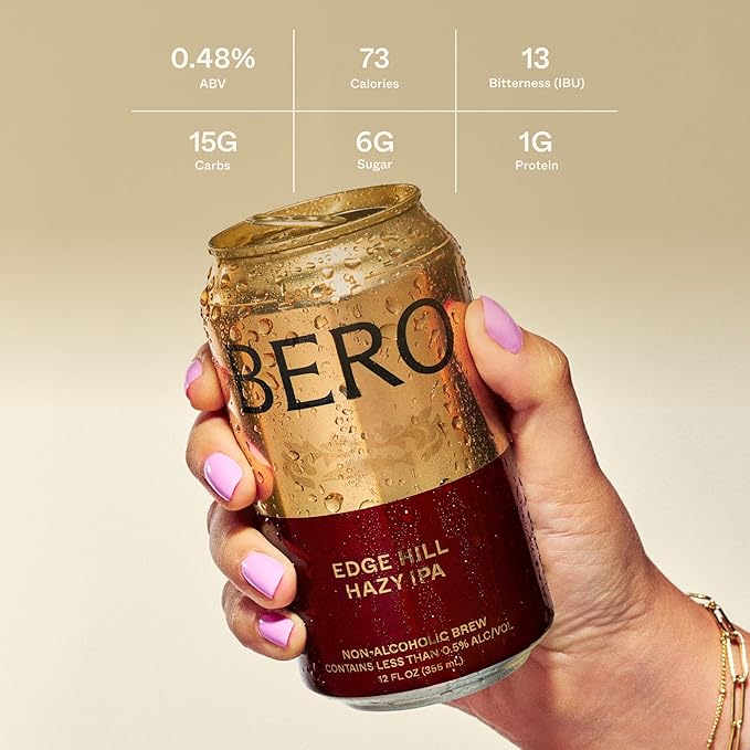BERO Edge Hill Hazy IPA Non-Alcoholic Beer, 6-Pack Hoppy IPA-Style Craft Brew, NA Beer by Tom Holland, Bold and Hoppy Flavor, Alcohol Alternative Beverages for Any Occasion
