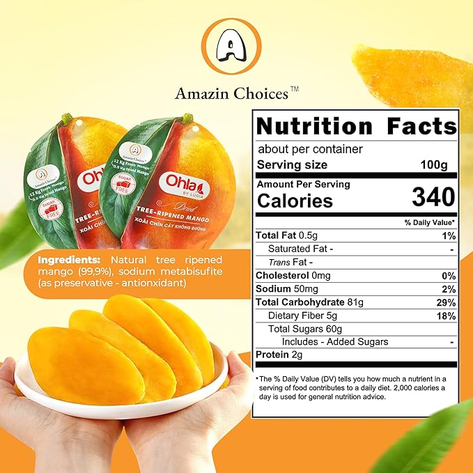 Dried Tree-Ripened Mango 7.05 Oz Pack - Premium Dried Mango Strips, Unsweetened, Non-GMO, Vegan, Gluten Free, Sugar-Free Fruit Slices for Delicious Snacking by Amazin Choices. Snack Viet Mangoes Slices