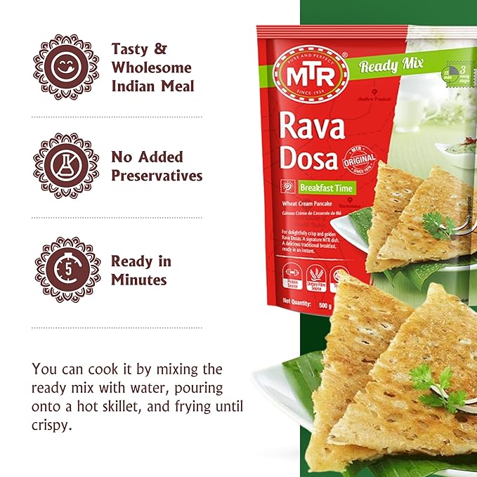 MTR Instant Rava Dosa Mix - Ready to Cook Authentic Indian Breakfast, Lunch, Dinner or Snack Meal - No Added Preservatives - A Quick & Easy Recipe Suitable for Vegetarians - (500g, Pack of 3)