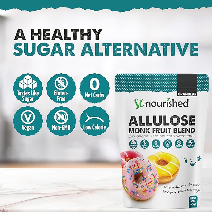 So Nourished Monk Fruit Sweetener with Allulose Granular - 1:1 Sugar Substitute, Keto - 0 Calorie, 0 Net Carb, Non-GMO (1 lb / 16 oz)