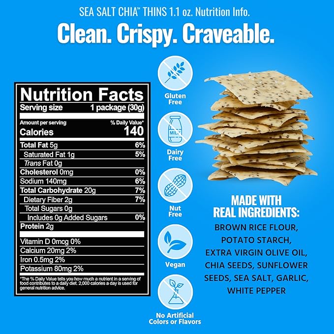 Every Body Eat Snack Thins, Gluten & Dairy Free, Vegan, School Safe Lunch Snacks, Sea Salt Chia (20 Single Serve Bags, 1.1oz)