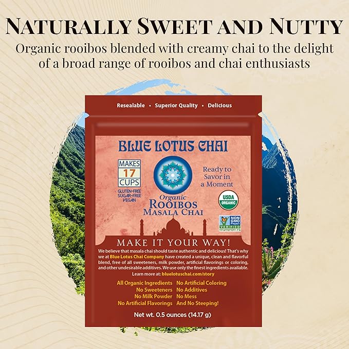 Blue Lotus Chai - Rooibos Masala Chai - Makes 17 Cups - 0.5 oz Pouch Masala Spiced Chai Powder with Organic Spices - Instant Indian Tea No Steeping - No Gluten