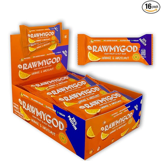 RAWMYGOD Fruit and Nut Bars, Good Source of Protein (10g, 25% protein content), Gluten Free, Vegan, No Added Sugar (16 bars, Orange & Hazelnut)