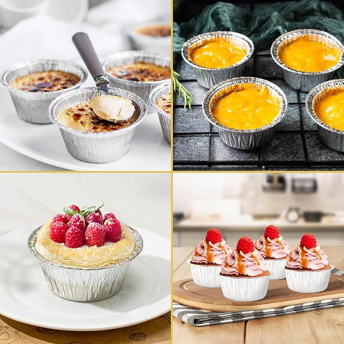 Aluminum Foil Baking Cups, 150 Pack Disposable 5 Oz Ramekins Aluminum Cupcake Muffin Liners Silver Foil Baking Cups for Egg Tart, Baking, Cupcake, Pudding, Appetize
