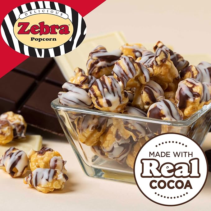 Popcornopolis Zebra Popcorn, Caramel Corn with Chocolate Flavored Stripes, Multipack, 12 Individual Bags, 3 Ounces Each