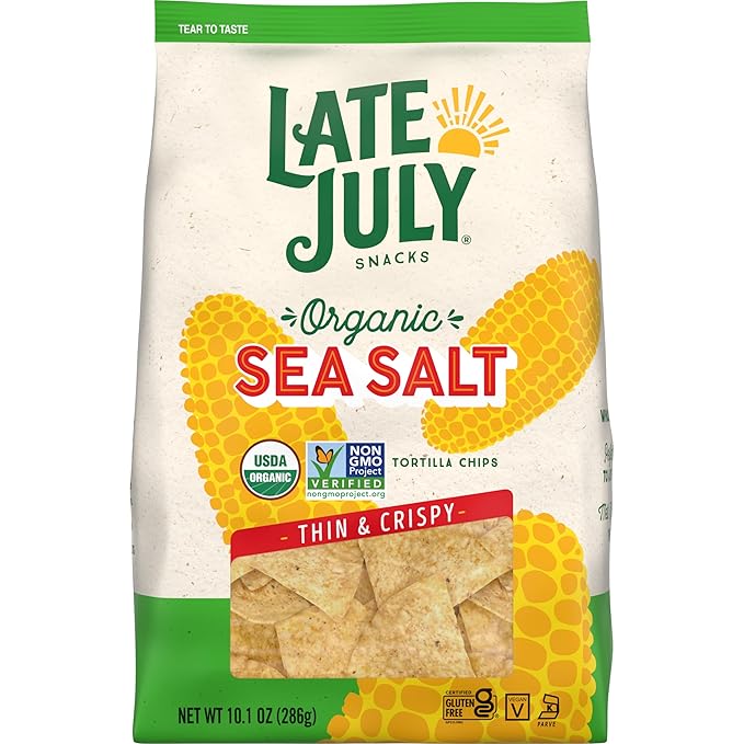Late July Snacks Thin and Crispy Organic Tortilla Chips with Sea Salt, 10.1 oz Bag and Late July Snacks Medium Salsa, 15.5 oz Jar