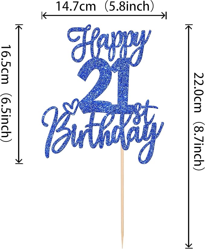 ZHUOWEISM 1 PCS Blue Glitter Cake Topper, Happy 21st Birthday, Cheers to 21 Years, 21 Fabulous, for Birthday Anniversary Party Decorations Supplies