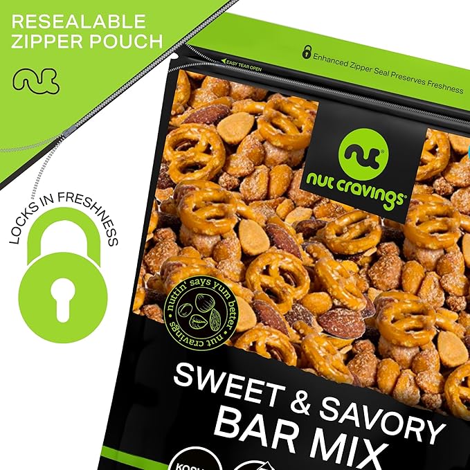 NUT CRAVINGS - Party Bar Nut Mix, Sweet & Savory Pub Snack - Smoked Almonds, Pretzels, Toffee Peanuts, Spicy, Honey Roasted Peanut (48oz - 3 LB) Packed Fresh in Resealable Bag - Food Assortments