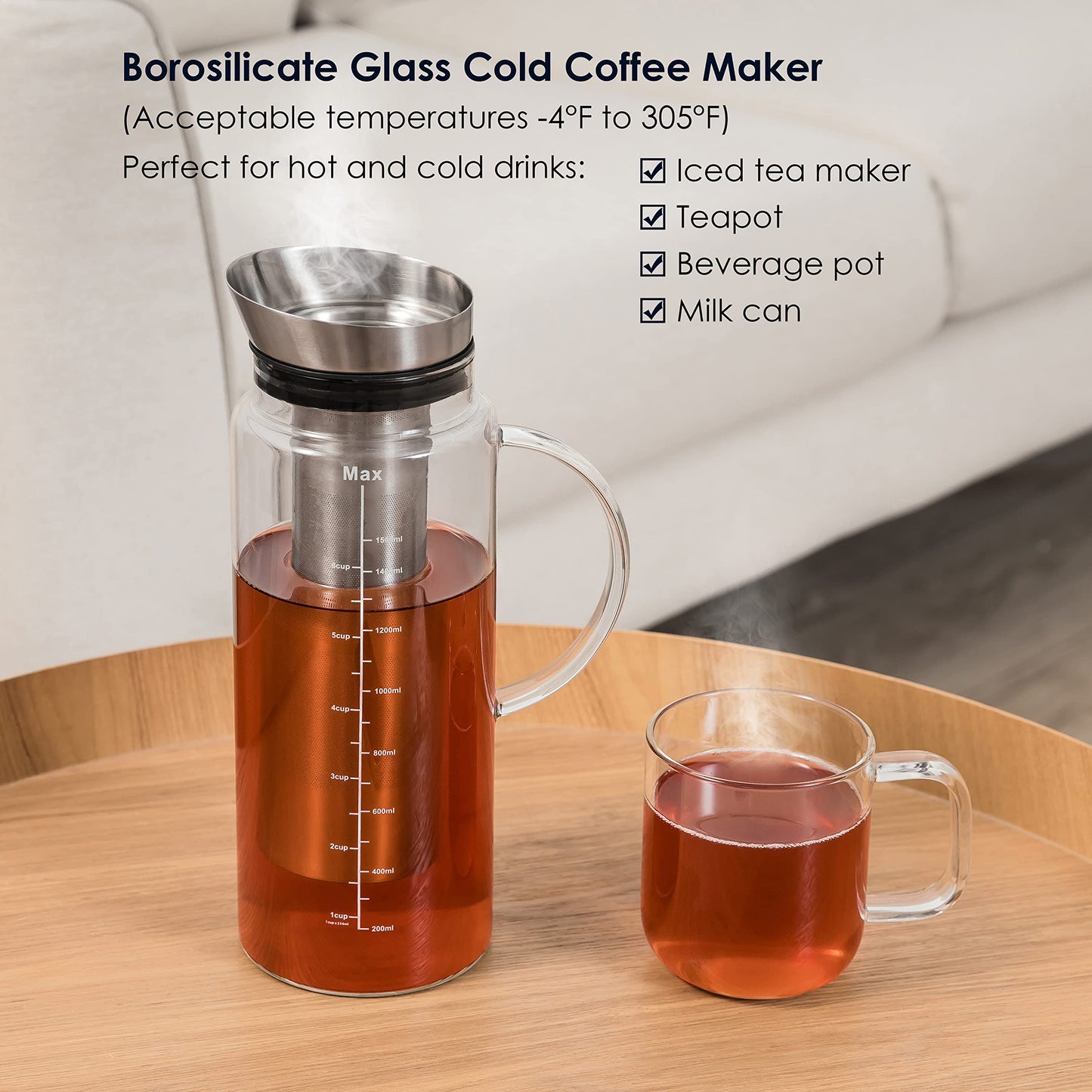 Aquach 51oz Cold Brew Coffee Maker, Borosilicate Glass Pitcher for Iced Tea