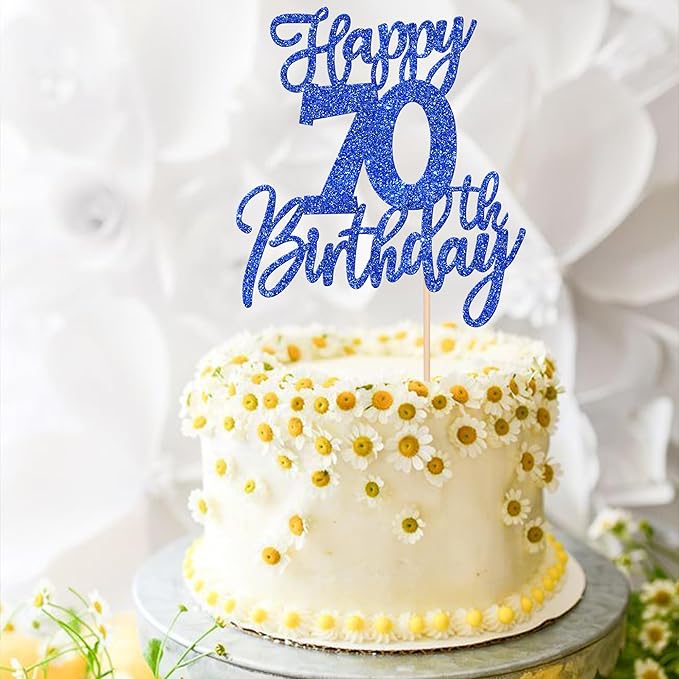 1 PCS Happy 70th Birthday Cake Topper Glitter Cheers to 70 Years Birthday Cake Pick Seventy Hello 70 Fabulous Cake Decoration for Happy 70th Birthday Anniversary Party Decorations Supplies Blue