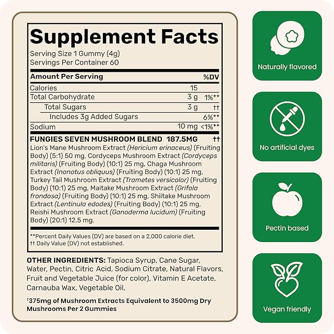 Fungies Multi Mushroom Gummies for Men & Women - Mushroom Supplement Includes Lion?™s Mane, Cordyceps, Reishi, Chaga, Shiitake, Maitake & Turkey Tail - Gelatin-Free, Gluten-Free & Vegan Gummy Vitamins