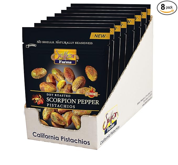 Setton Farms Pistachios, Scorpion Pepper Extreme Flavor Naturally Seasoned No Shell Pistachio Nuts, Resealable Pouches, Non-GMO Project Verified, Gluten Free, Vegan, Kosher, 5 oz, Pack of 8