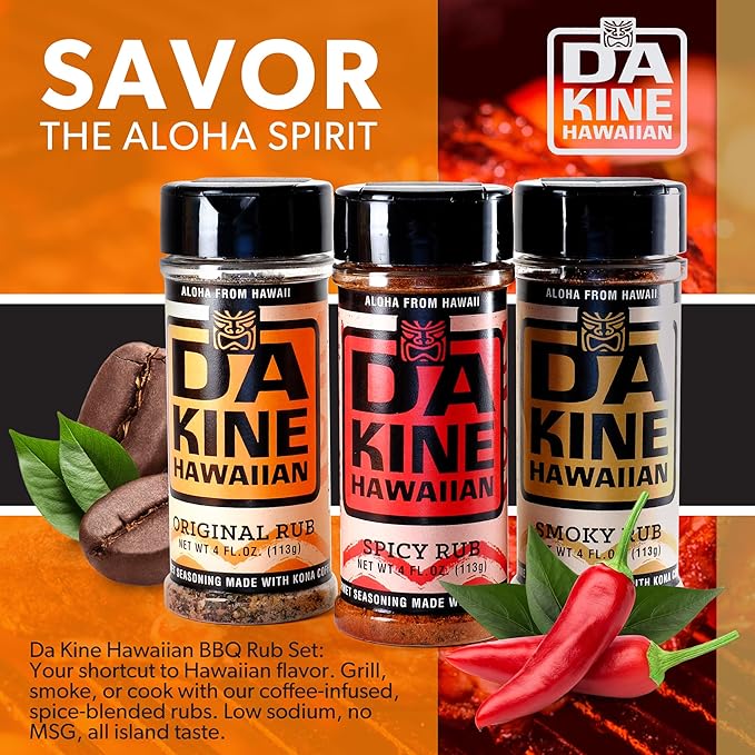 Da Kine Hawaiian Premium BBQ Dry Rub Seasoning Pack - Authentic BBQ Seasoning Blend - Perfect Gourmet Rub Spices for Smoking, Grilling & Cooking, Gluten-Free, Low Sodium, No MSG - Gift Pack (4 oz - 3 Pack)