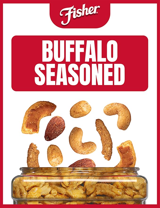 Fisher Spicy Buffalo Bulk Trail Mix, 31 oz Jar; Buffalo Seasoned Sesame Sticks, Peanuts & Pretzels with Smoked Seasoned Almonds & Ranch Flavored Cashews; Hot Spicy Snack Mix, Snacks for Adults