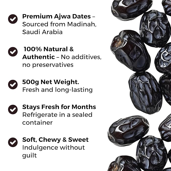 Premium Ajwa Dates 1.1lb (500g) – Halal, Vegan, Gluten-Free Superfood | High Fiber, Natural Sugar Snack | All-Natural Healthy Food