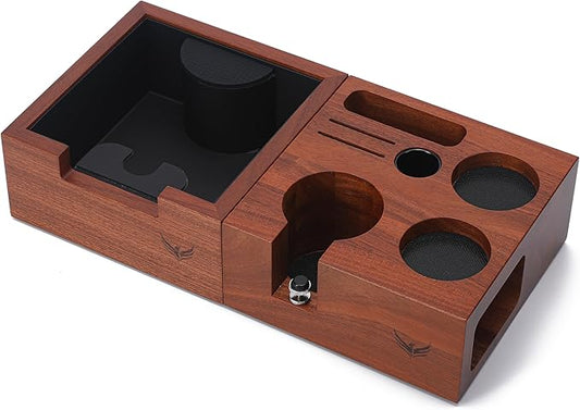 58mm Espresso Knock Box Set ??Rosewood Tamping Station Organizer & Coffee Grounds Bin | Professional Espresso Accessories for 58mm Portafilter Machines