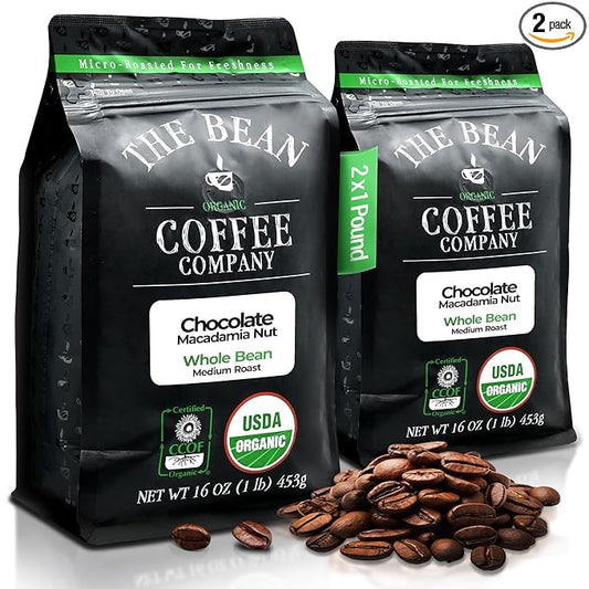 The Bean Organic Coffee Company Chocolate Macadamia Nut, Medium Roast, Whole Bean Coffee, 16-Ounce Bags (Pack of 2)