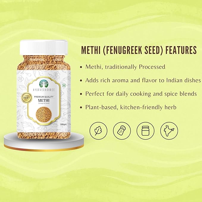 AYURVEDASHREE Fenugreek (Methi) Seeds Whole 100gm | Trigonella foenum graecum | All Natural | Vegan | Non-GMO | Indian Origin, used in cooking & Ayurvedic spice