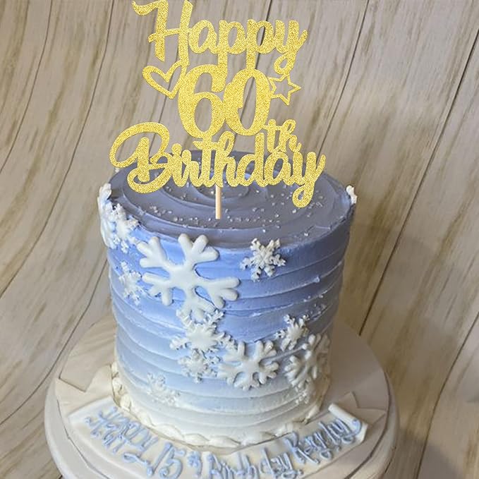1 Pack Happy 60th Birthday Cake Topper Glitter Heart Star 60 Fabulous Cake Pick Birthday Sign Cake Decorations for Children 60th Birthday Theme Party Supplies Gold