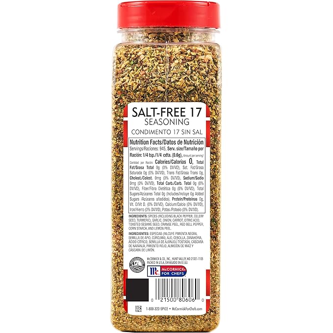 Lawry's Salt Free 17 Seasoning, 20 oz - One 20 Ounce Container of 17 Seasoning Spice Blend Including Toasted Sesame Seeds, Turmeric, Basil and Red Bell Pepper for Seafood Poultry and Beef