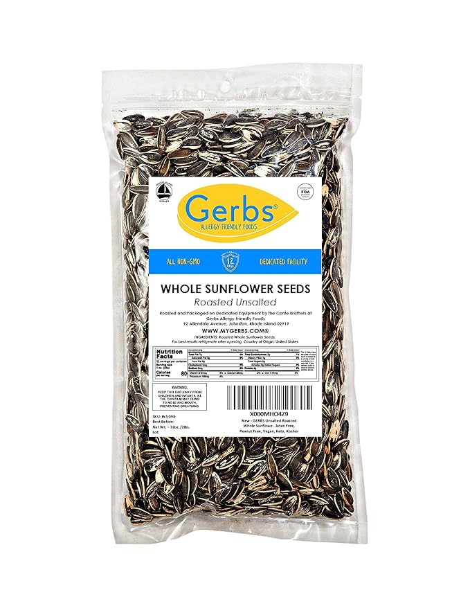 Dry Roasted & Unsalted Whole Sunflower Seeds by GERBS - 2LB. Deal. Non GMO - Certified Top 10 Allergen Free - Country of Origin USA
