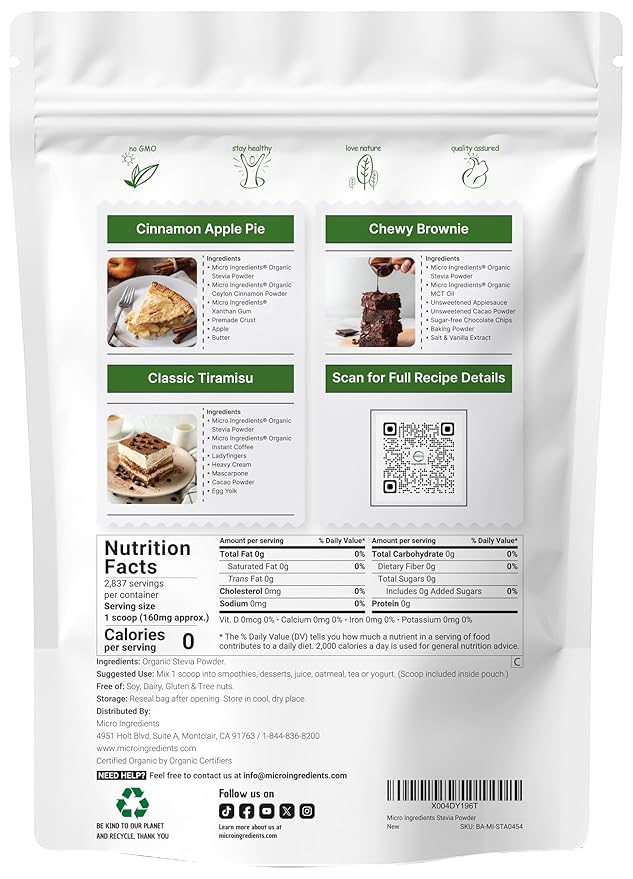 Pure Organic Stevia Powder, 1 Pound (2,837 Servings), Highest Grade Stevia Green Leaf Extract Reb-A | Reduced Bitter Aftertaste | 0 Calorie, Natural Sweetener, Sugar Alternative, Keto Friendly