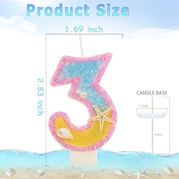3rd Birthday Candle for Cake, Pink Beach Starfish Sequins Number Cake Candles, 2.76 inch Pink Cake Topper Decoration for Birthday Party (Number 3)