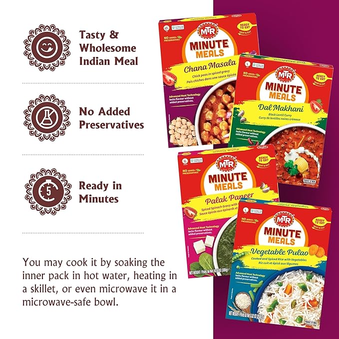 MTR Ready-To-Eat: Maharaja Pack - Assorted Pack of 4 (Chana Masala, Dal makhani, Palak Paneer, Vegetable Pulao) - Authentic Indian Food with No Added Preservatives - Suitable for Vegetarians