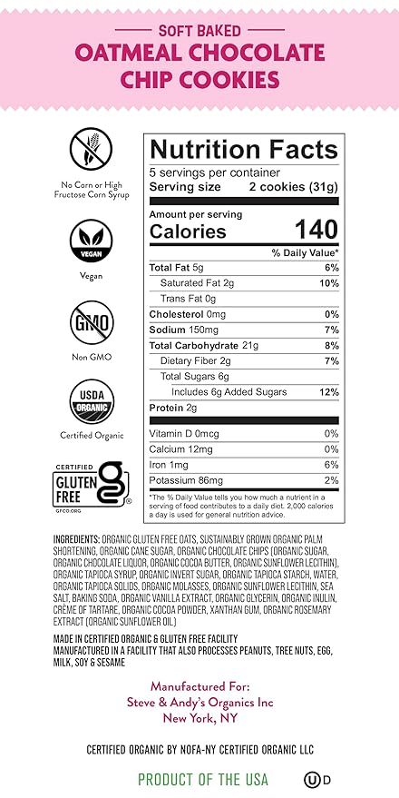 Steve & Andy???Soft Bake Oatmeal Chocolate Chip Cookies -Organic, Gluten Free, Non-Gmo, Vegan, Dairy Free, Plant-Base, Nut Free, Egg Free, Wheat Free, Soy Free ??16.5 Oz, 3 Boxes (30 Cookies)