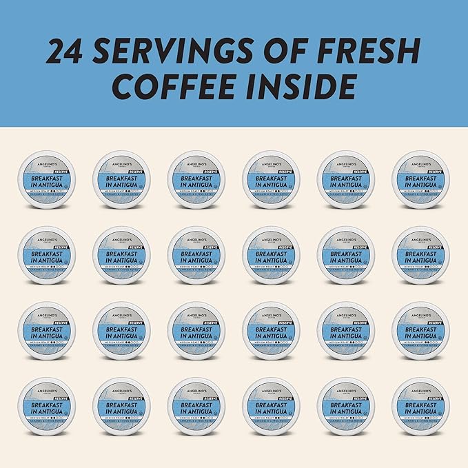 Angelino's Coffee Breakfast in Antigua Coffee Pods - Breakfast Blend Coffee K Cups Compatible, Medium Roast Coffee, Reserve, Chocolate & Caramel Notes, Citrus Hints, Guatemala Origin, 24 Count - Premium Breakfast Blend Coffee for Keurig Machines