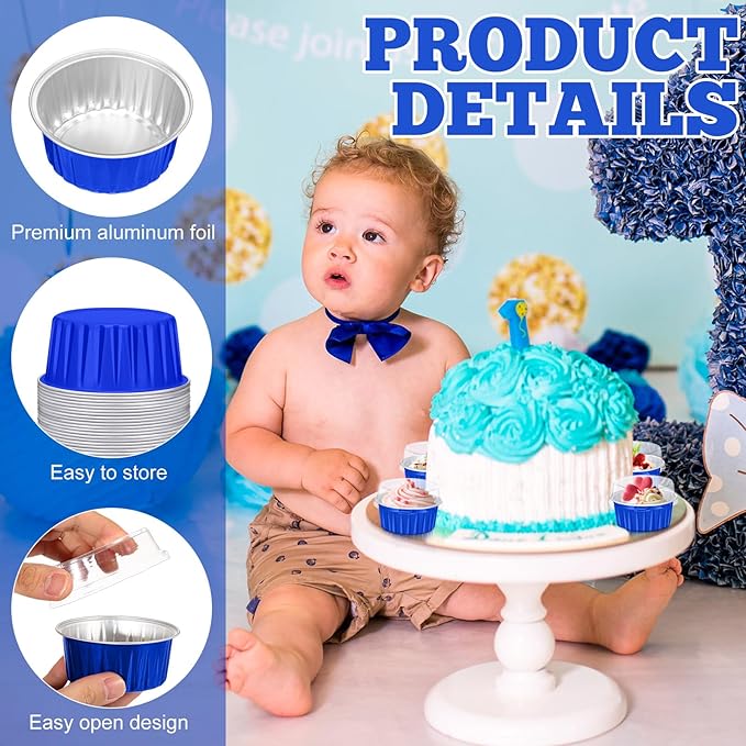 Gejoy 400 Pcs Aluminum Foil Baking Cups with Lids 5 oz Disposable Ramekins Mini Cake Pans Creme Brulee Cupcake Liners Muffin Tins Flan Mold Dessert Container for Wedding(Dark Blue,Classic)