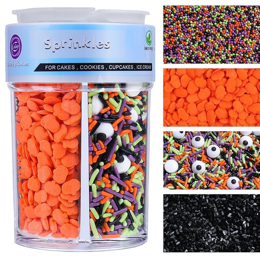 Halloween Sprinkles Edible for Cake Decorating, 8Oz Fall Sprinkles with Black Orange Purple Nonpareils and Jimmies, Eyeball, Black Sugar and Orange Pumpkin for Cupcakes Cookie Ice Cream Baking Topping
