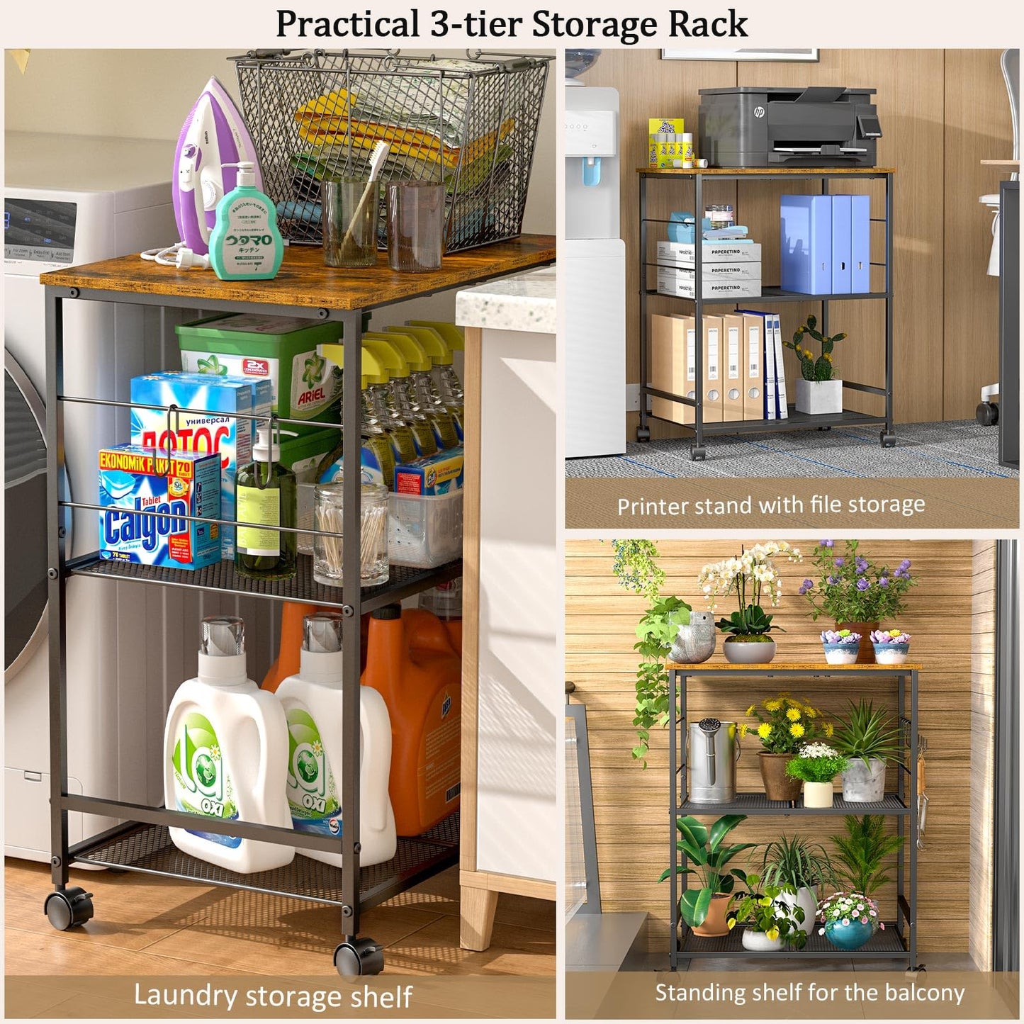 ThreeHio Rolling Kitchen Microwave Cart, 3 Tier Microwave Table Stand with Storage, Kitchen Utility