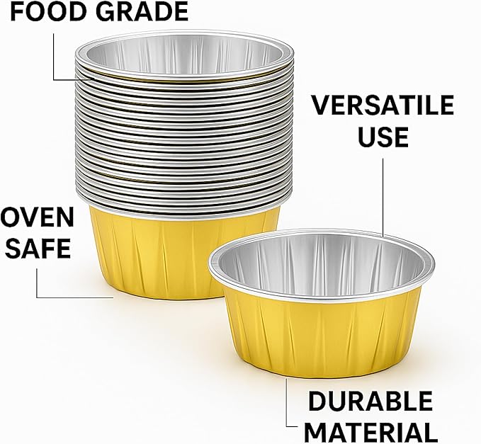 50 Pack Aluminum Foil Baking Cups ??3.35 Inch Disposable Cupcake Liners, Muffin and Dessert Cups, Oven Safe and Leak-Proof
