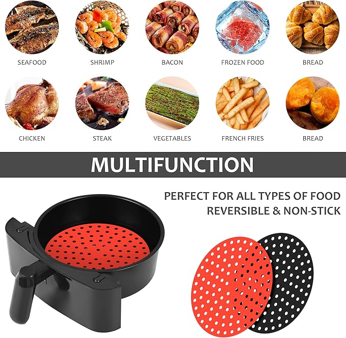 Air Fryer Liners, Dia 8" Air Fryer Silicone Liners, Reusable Silicone Air Fryer Liners Pack 4, Kitchen Air Fryer Accessories & Airfryer Accessory Parchment Replacement, Basket Lines Black