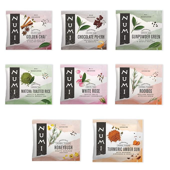 Numi Organic Tea Numi's Collection Variety Pack, 16 Tea Bags, Black, Green, White, Pu-erh, Mat챕, & Herbal, Packaging May Vary